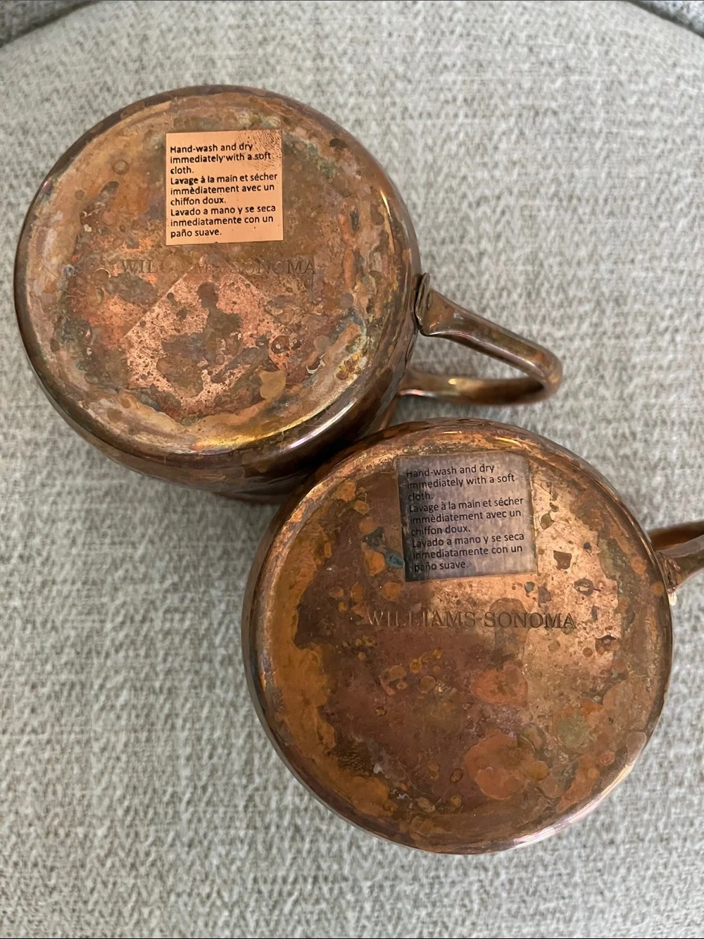 2 Williams Sonoma hammered copper patina handle mugs moscow mule